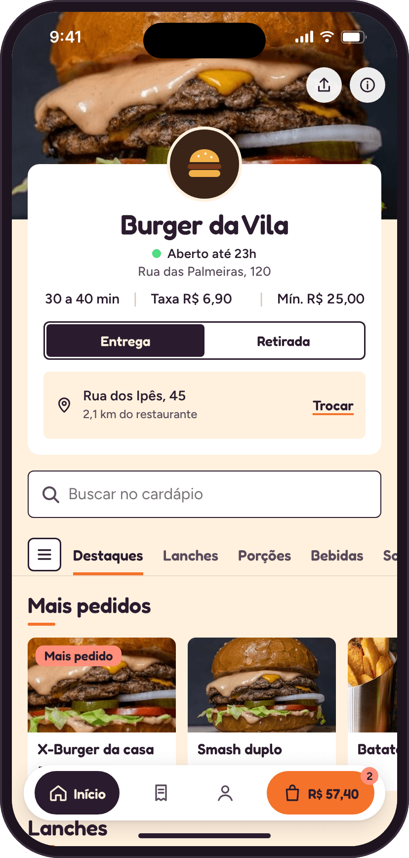 Cardápio digital do Burger da Vila aberto no celular